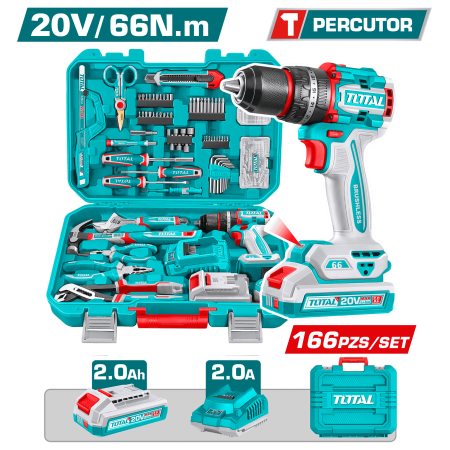 COMBO TALADRO PERCUTOR 20V 66NM + HERRAMIENTAS (166PCS) + 1X2.0AH INC MALETIN INDUSTRIAL