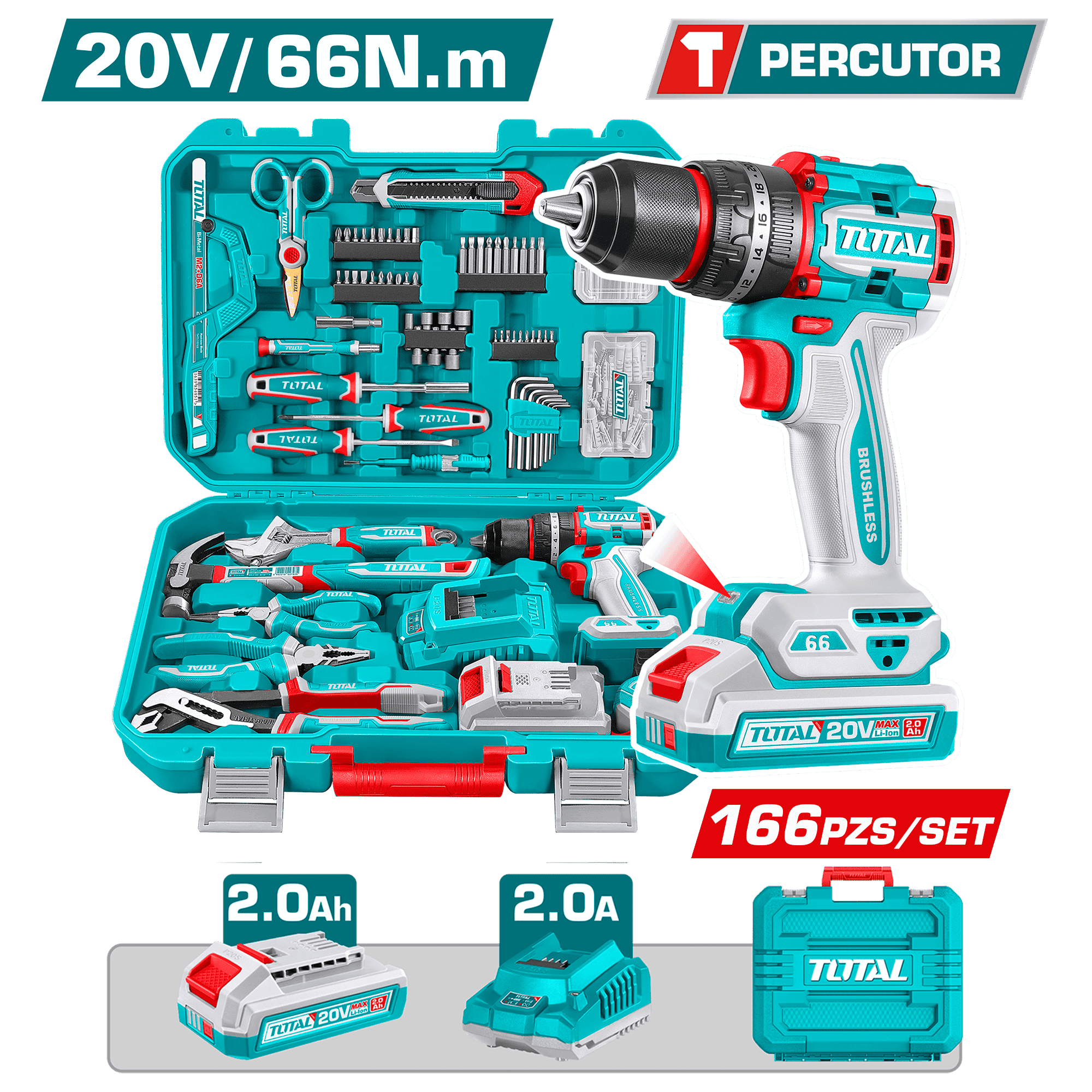 COMBO TALADRO PERCUTOR 20V 66NM + HERRAMIENTAS (166PCS) + 1X2.0AH INC MALETIN INDUSTRIAL
