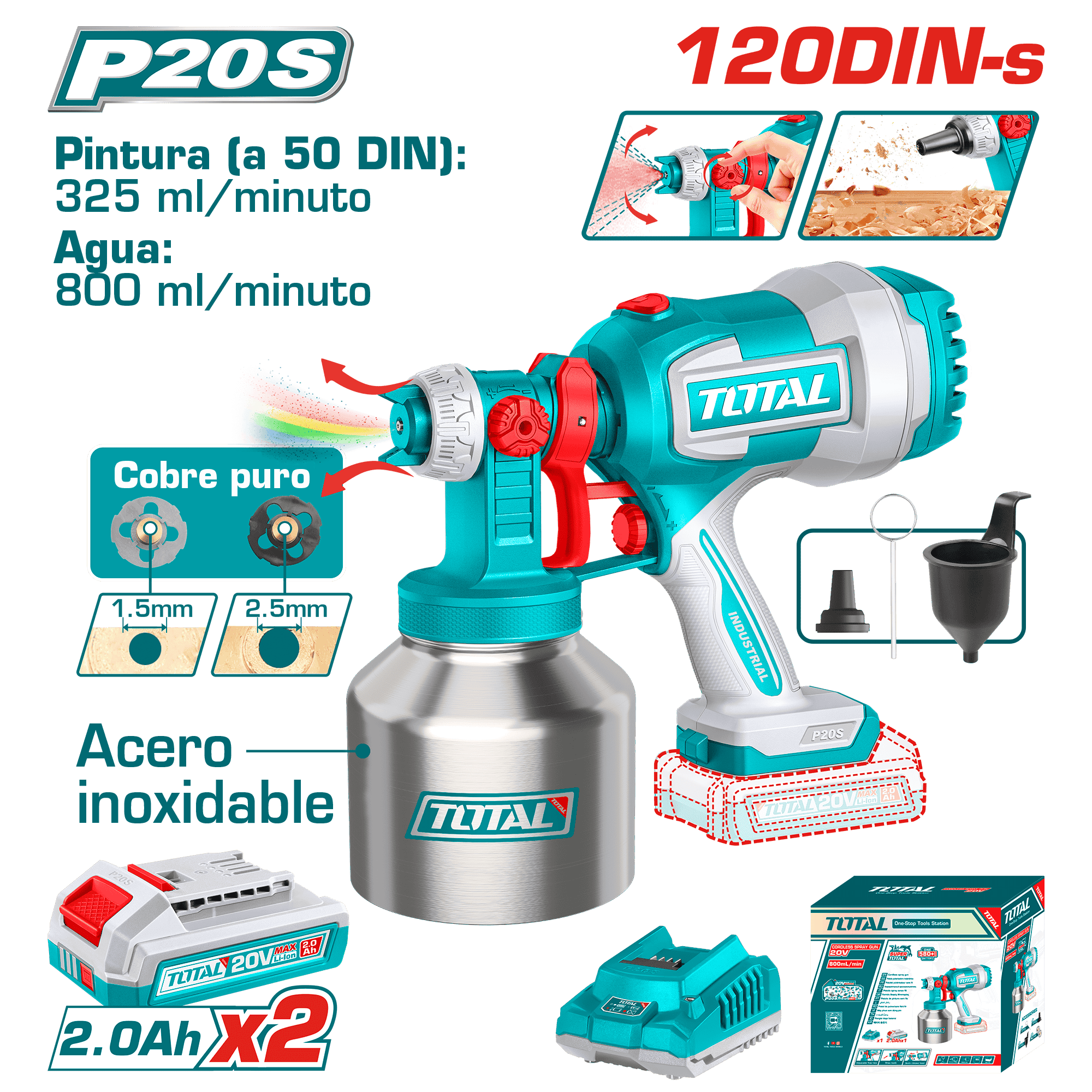 PISTOLA PINTAR 20V 800ML/MIN 120DIN-S CAP:1000ML TANQUE METAL 2x2.0AH