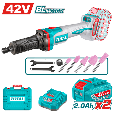 RECTIFICADORA 42V BL 10000-30000RPM COL: 6MM 1/4'' 2X2.0AH + ACC Y MALETIN INDUSTRIAL