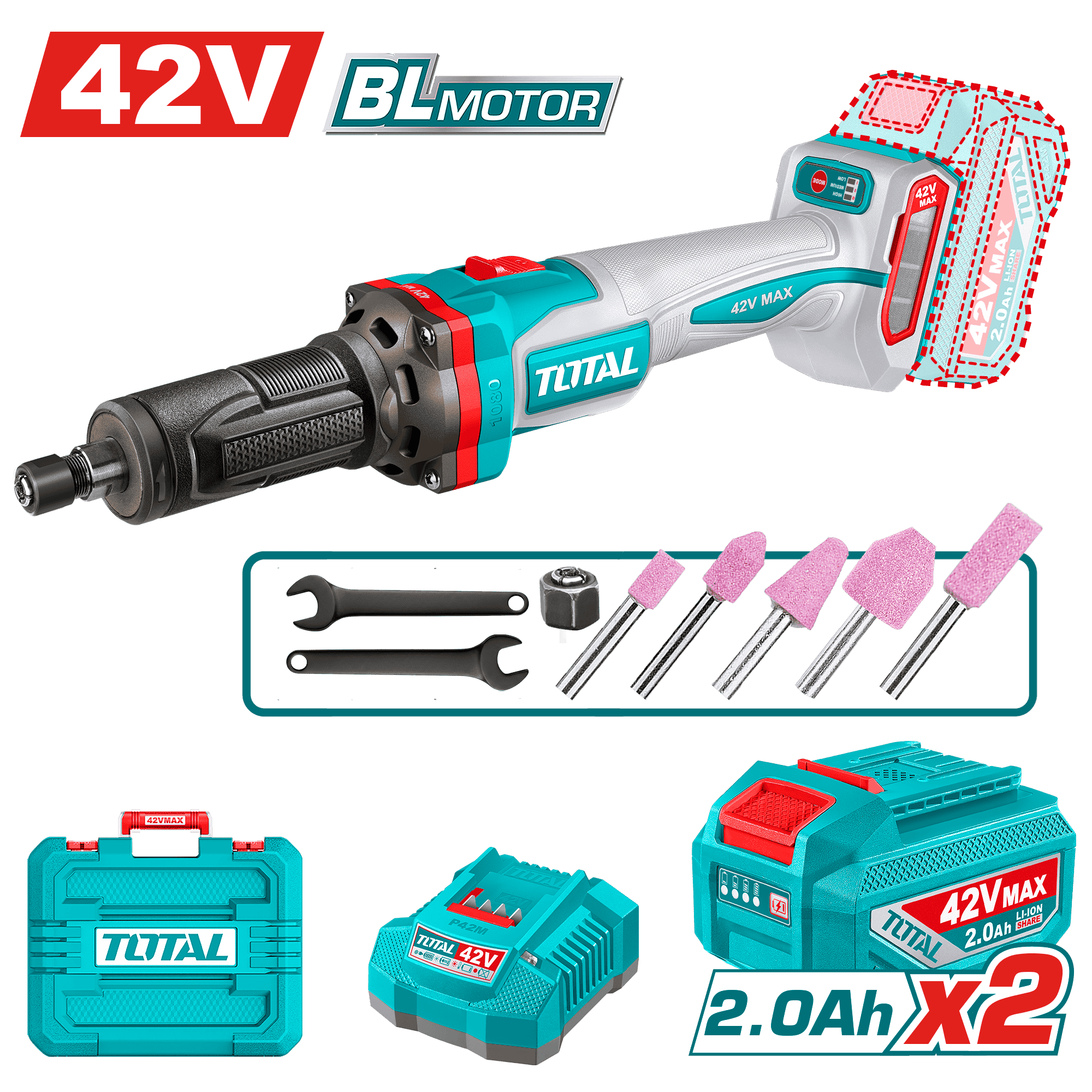 RECTIFICADORA 42V BL 10000-30000RPM COL: 6MM 1/4'' 2X2.0AH + ACC Y MALETIN INDUSTRIAL