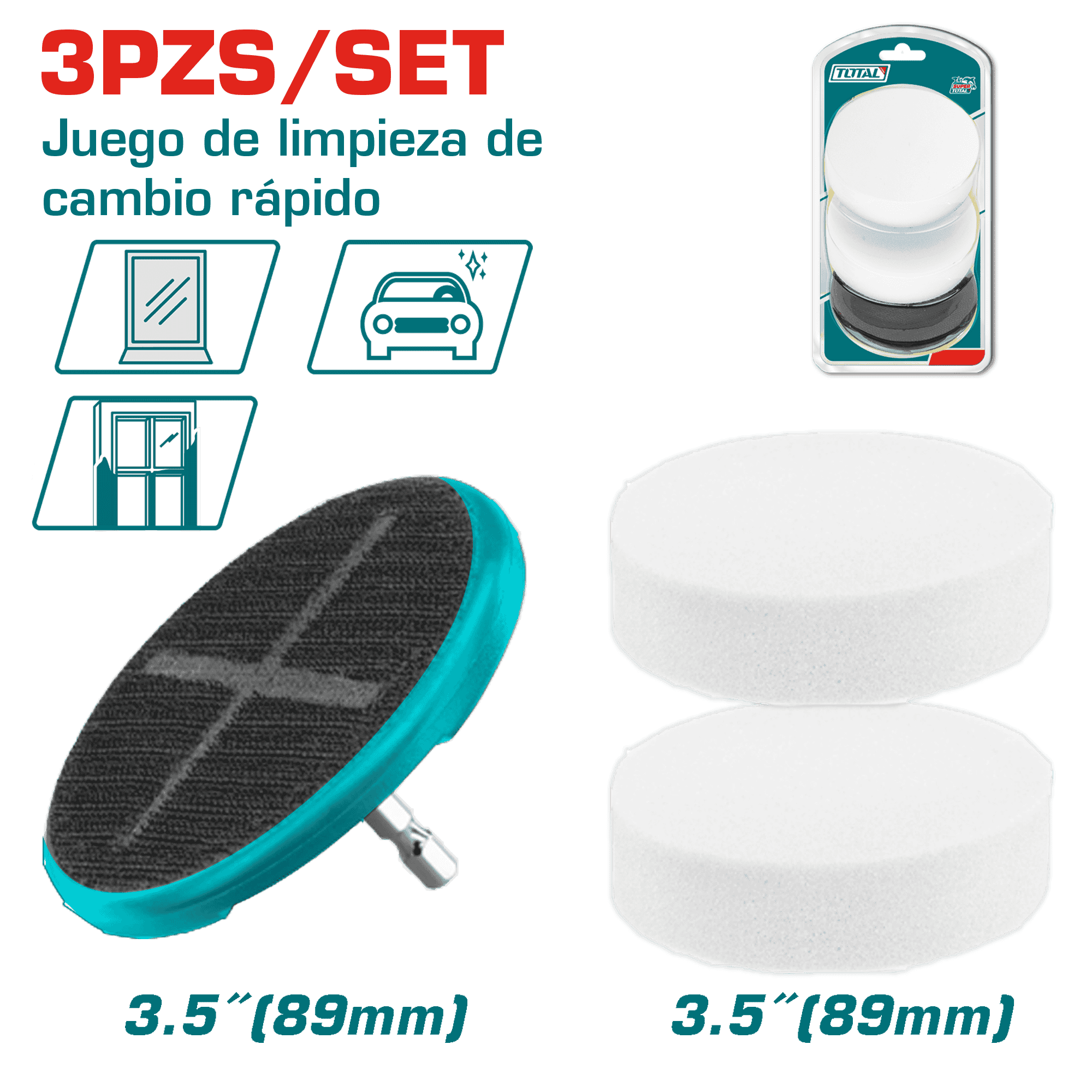SET DE ESPONJAS LIMPIADORAS P/VIDRIO 89MM(3.5'') 2PCS + ADAPTADOR TALADRO