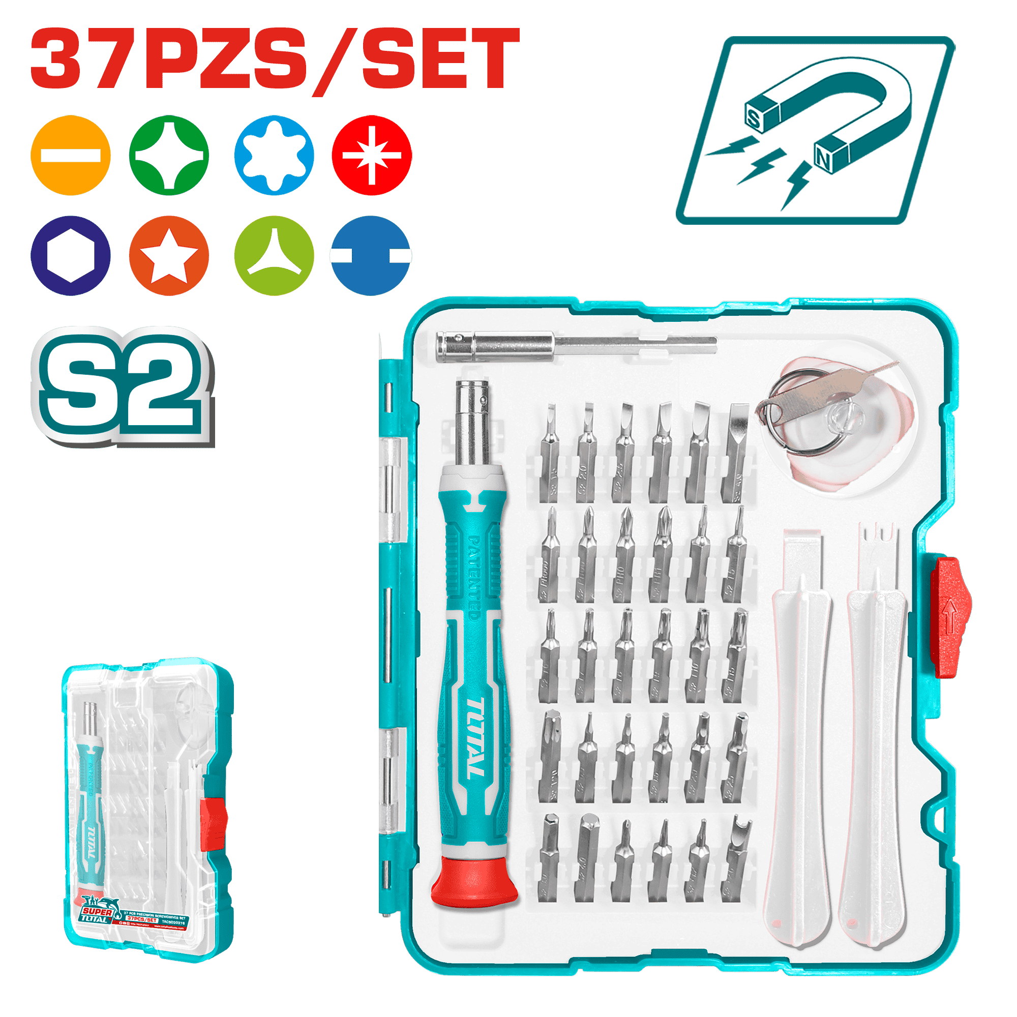 SET DESTORNILLADOR PRECISION + PUNTAS 37PCS S2 MAGNETICO INDUSTRIAL