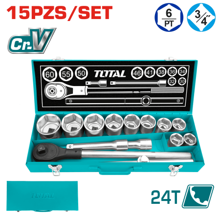 SET RACHET 15PCS 3/4'' 6PT CR.V MALETIN METALICO INDUSTRIAL