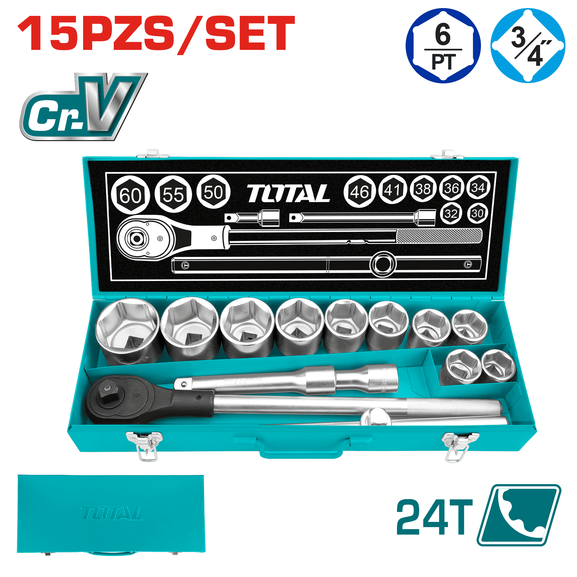 SET RACHET 15PCS 3/4'' 6PT CR.V MALETIN METALICO INDUSTRIAL
