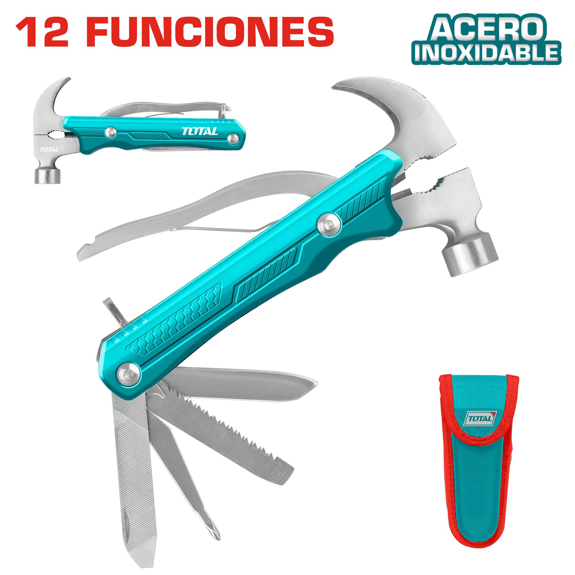 MULTI-HERRAMIENTA 12 FUNCIONES ACERO INOX INC MARTILLO + ESTUCHE