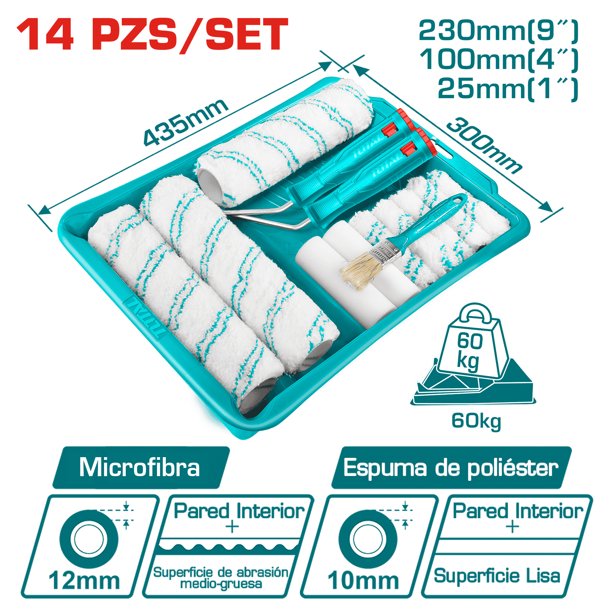 SET RODILLO + BROCHA + REPUESTOS 14PCS INTERIORES + BANDEJA