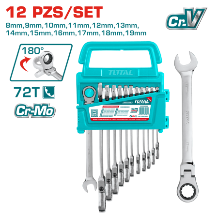 SET LLAVES RATCHET 12PCS CR.V+CR-MO 72T 8-19MM COLGADOR PLASTICO INDUSTRIAL