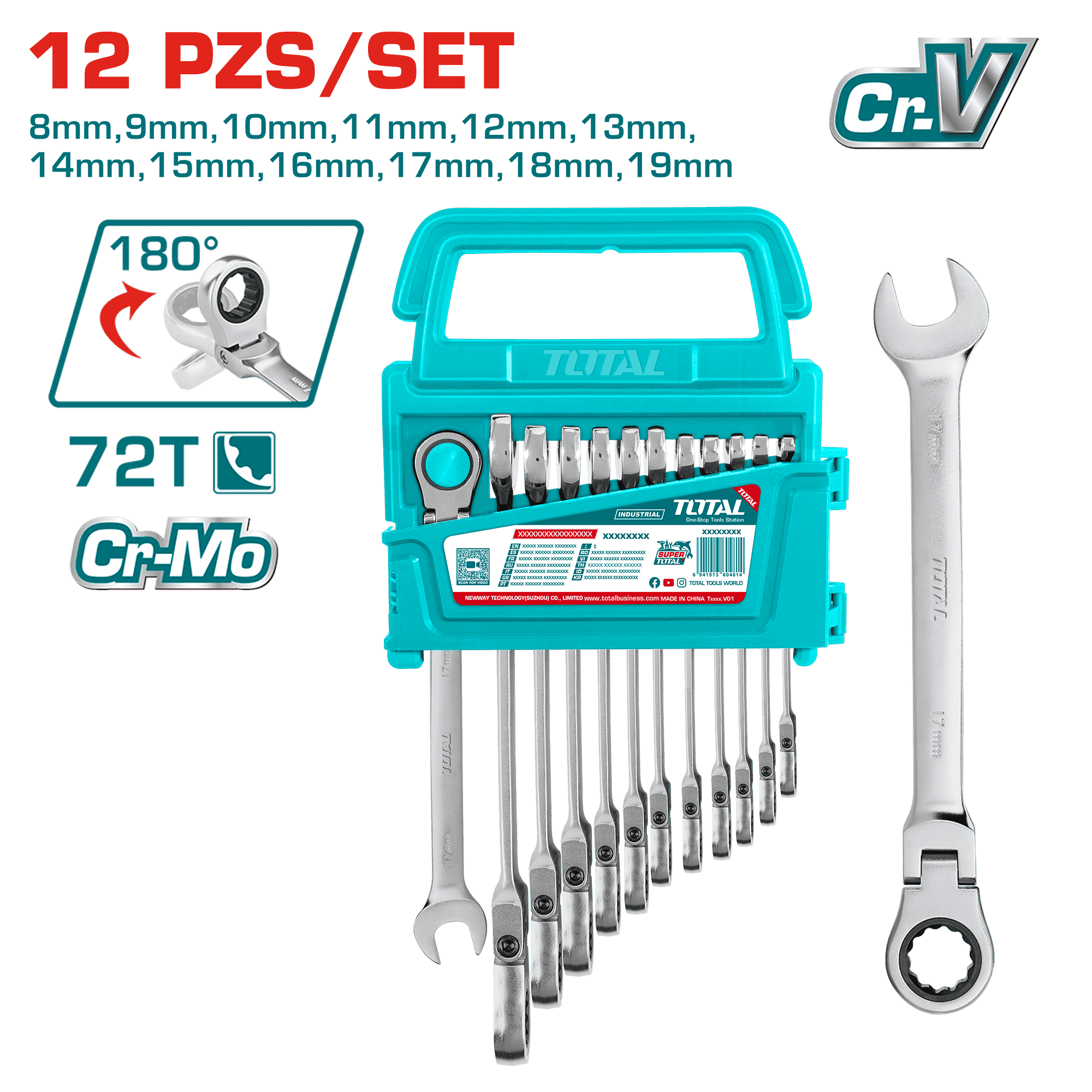 SET LLAVES RATCHET 12PCS CR.V+CR-MO 72T 8-19MM COLGADOR PLASTICO INDUSTRIAL