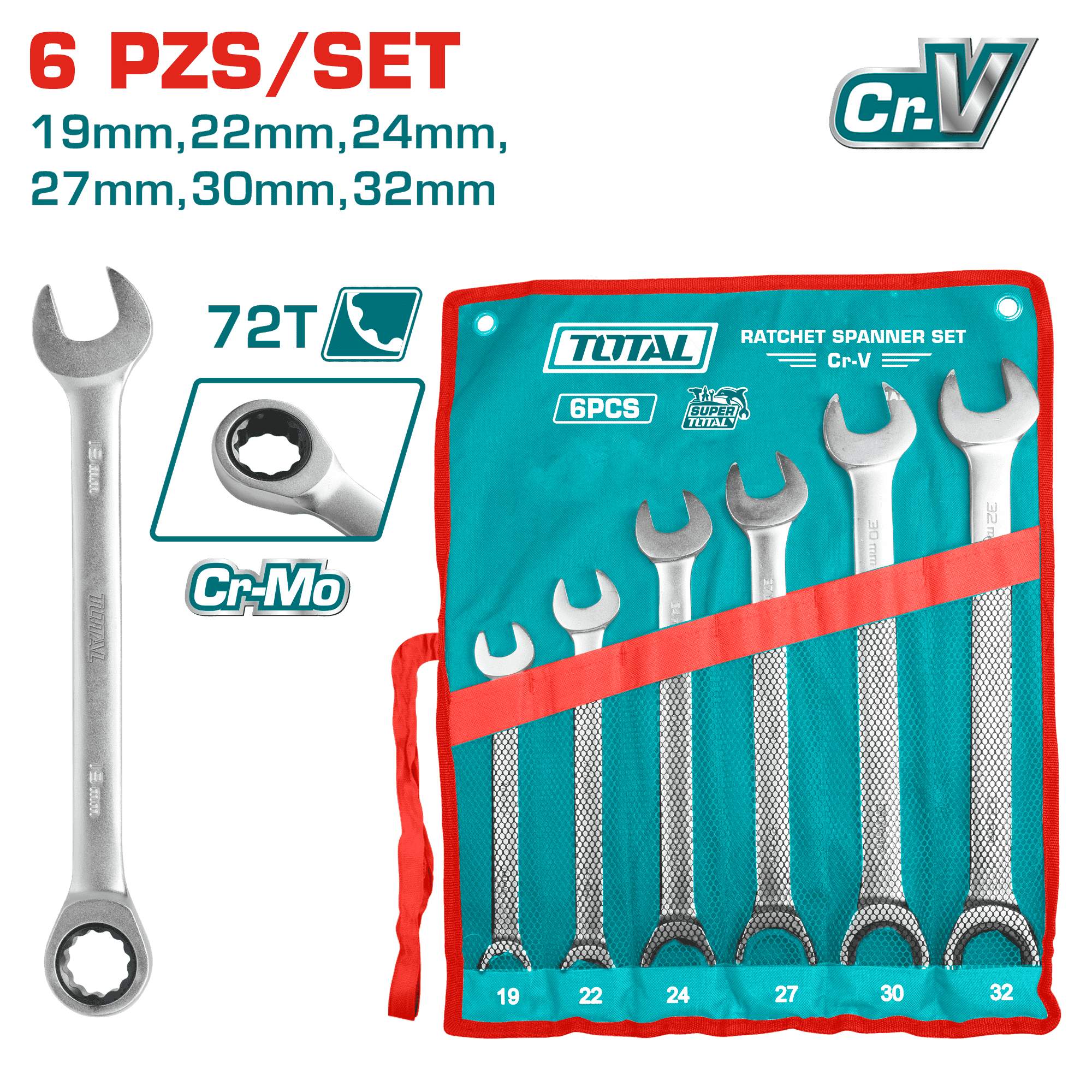 SET LLAVES COMBINACIÓN + CORONA 72T CR.V+CR-MO 19-32MM ESTUCHE DE LONA INDUSTRIAL