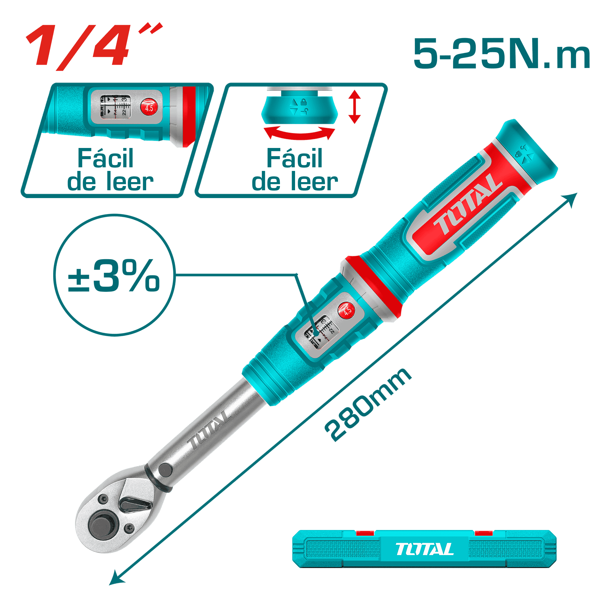 TORQUIMETRO 1/4'' 5-25NM +_3% L:280MM + ESTUCHE INDUSTRIAL