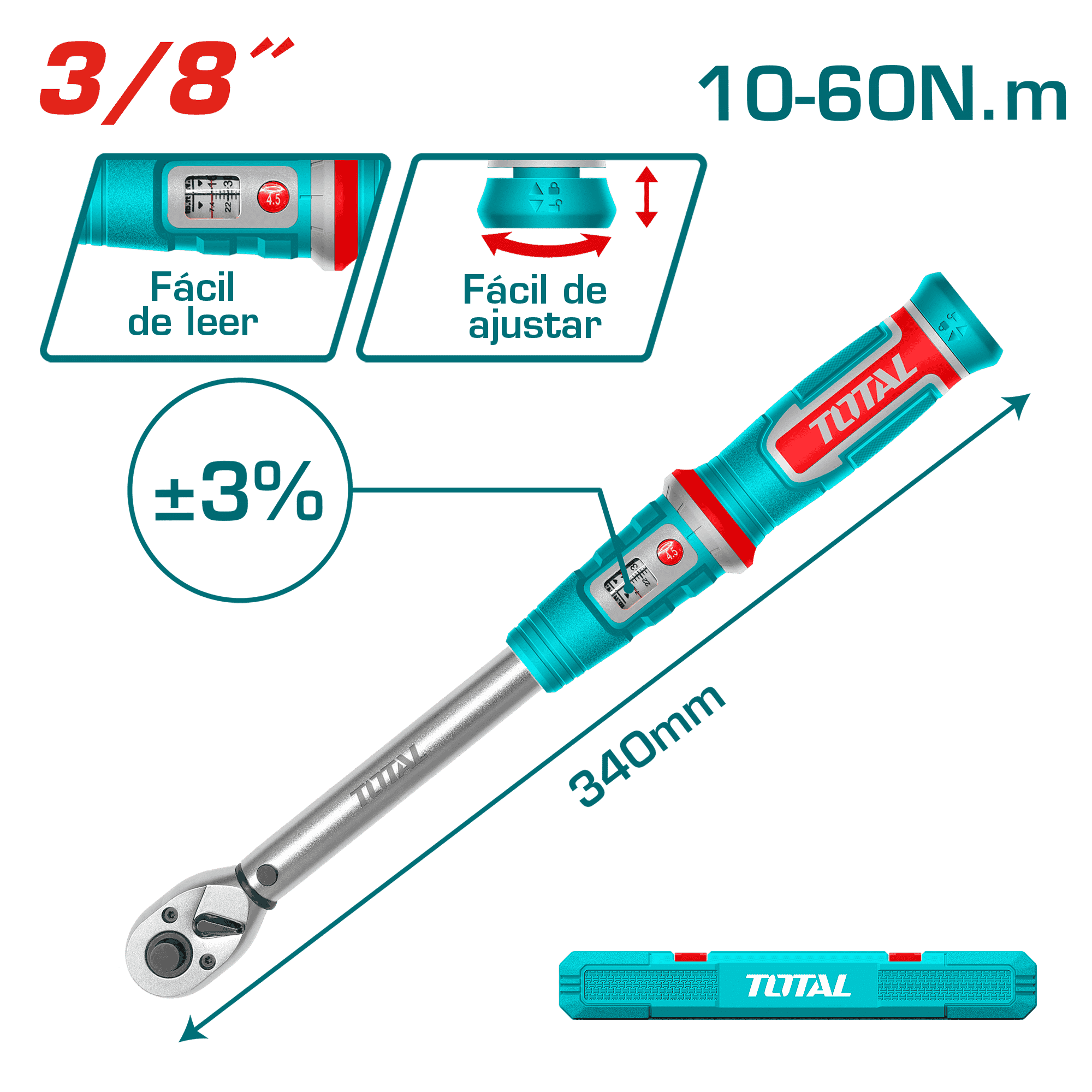 TORQUIMETRO 3/8'' 10-60NM +_3% L:340MM + ESTUCHE INDUSTRIAL