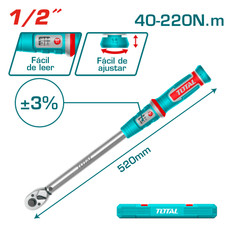 TORQUIMETRO 1/2'' 40-220NM +_3% L:520MM + ESTUCHE INDUSTRIAL