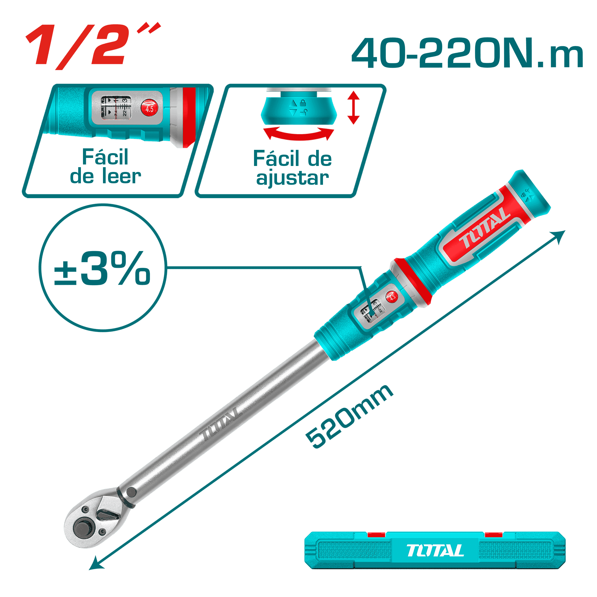 TORQUIMETRO 1/2'' 40-220NM +_3% L:520MM + ESTUCHE INDUSTRIAL