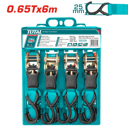 SET FAJAS CON RATCHET 0.65T X 6M AN:25MM 4PCS CON GANCHO