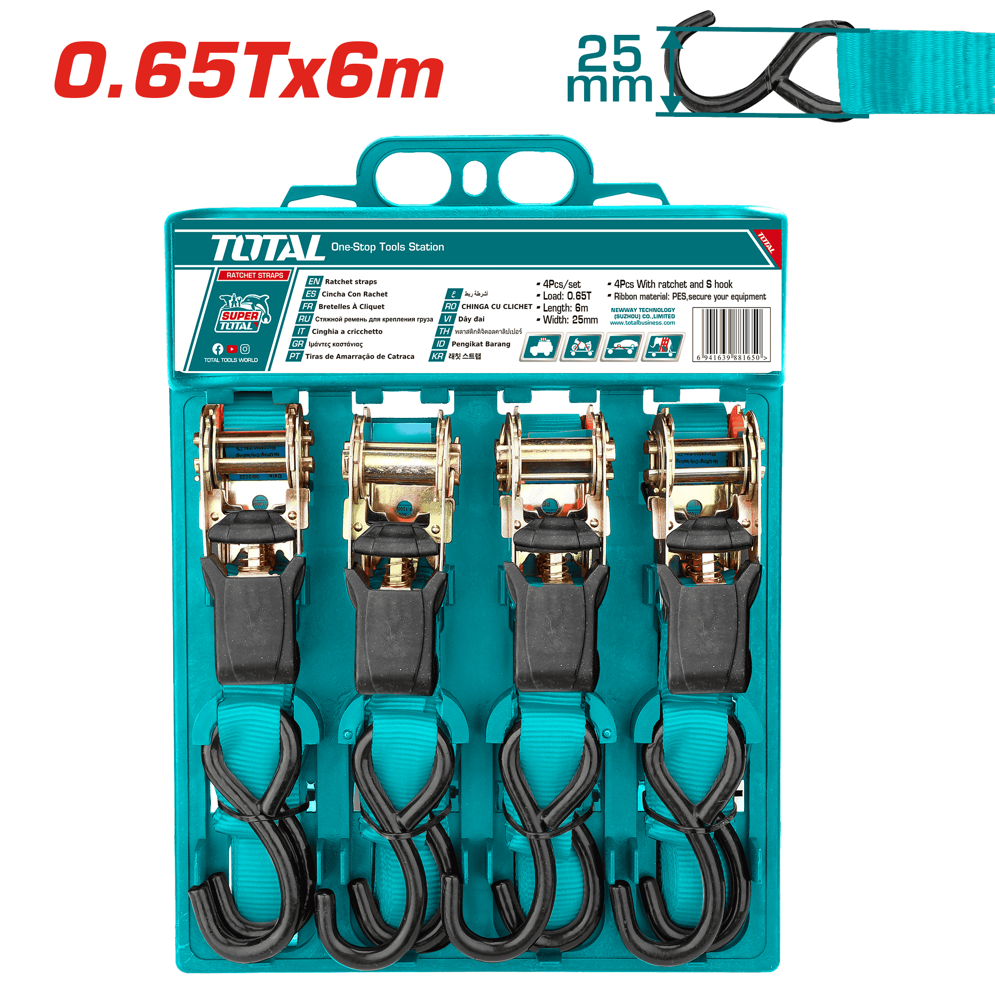SET FAJAS CON RATCHET 0.65T X 6M AN:25MM 4PCS CON GANCHO