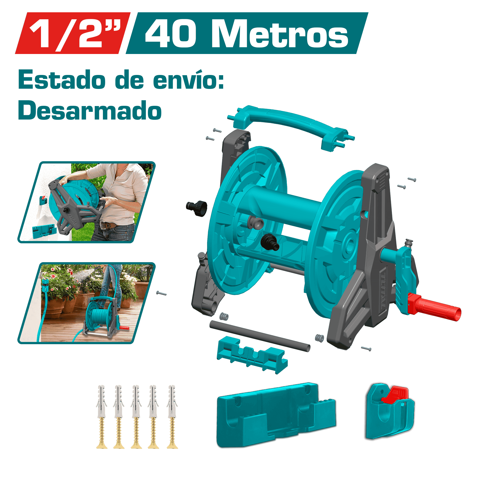 CARRETE SIN MANGUERA CAP: 40M (1/2'') MANGO PLEGABLE