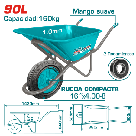 CARRETILLA CARGA 90L 160G RUEDA 16'' SOLIDA INDUSTRIAL