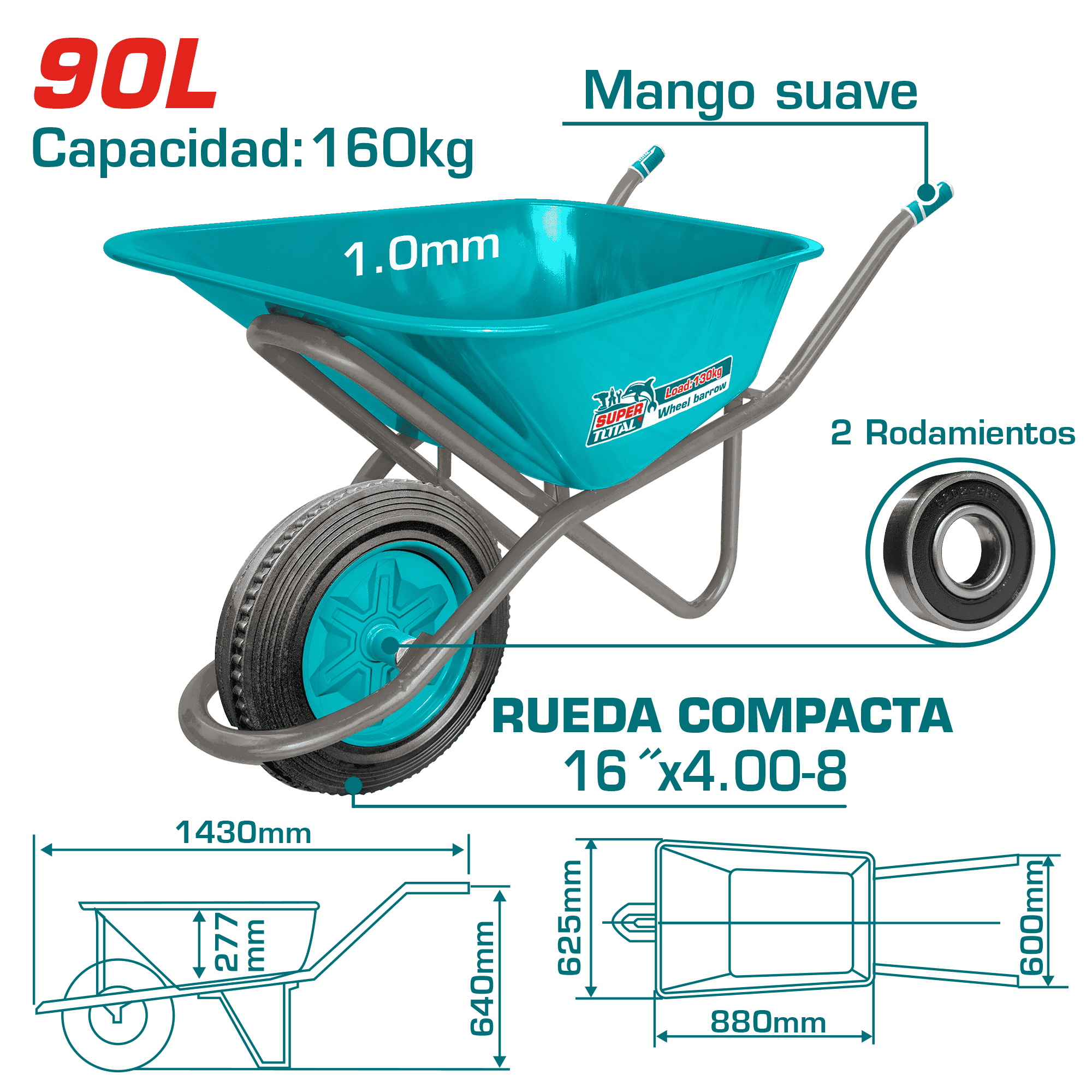 CARRETILLA CARGA 90L 160G RUEDA 16'' SOLIDA INDUSTRIAL