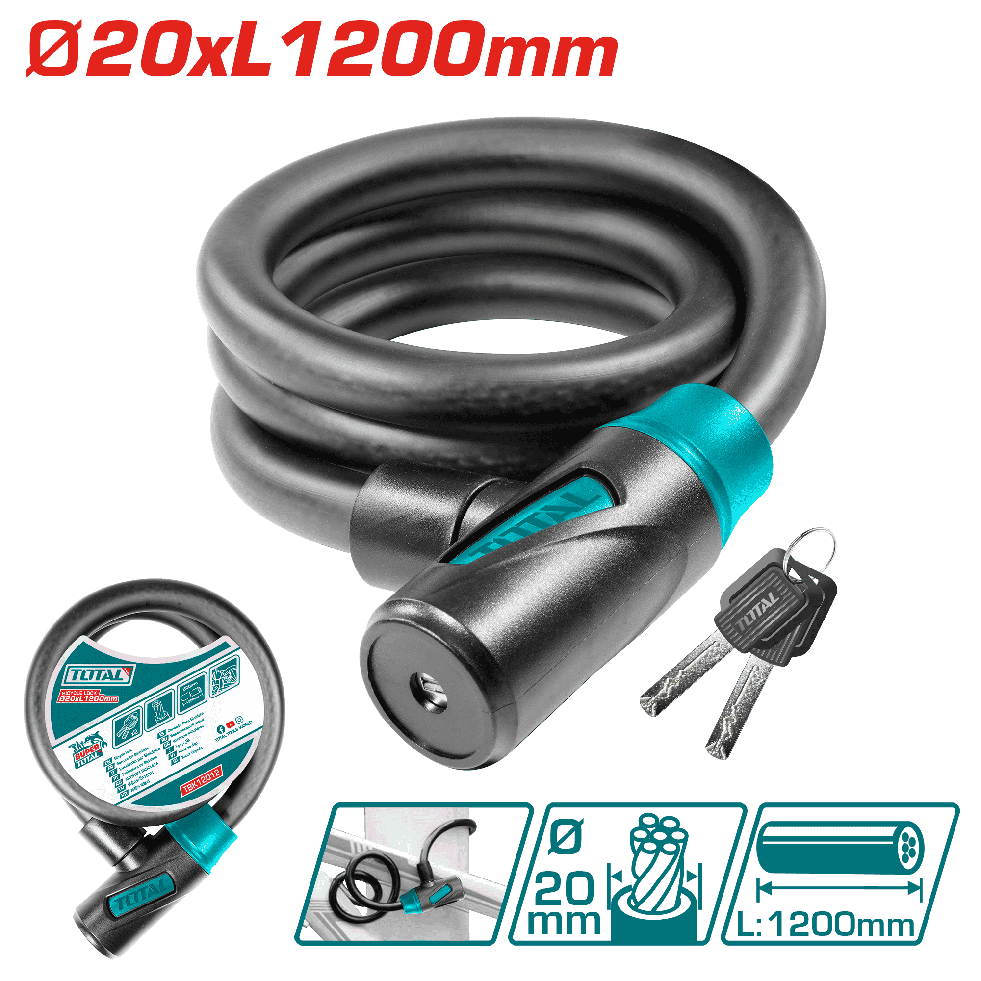 SEGURO PARA BICICLETA 1.2M PVC + CABLE HQ (20MM) + 2 LLAVES
