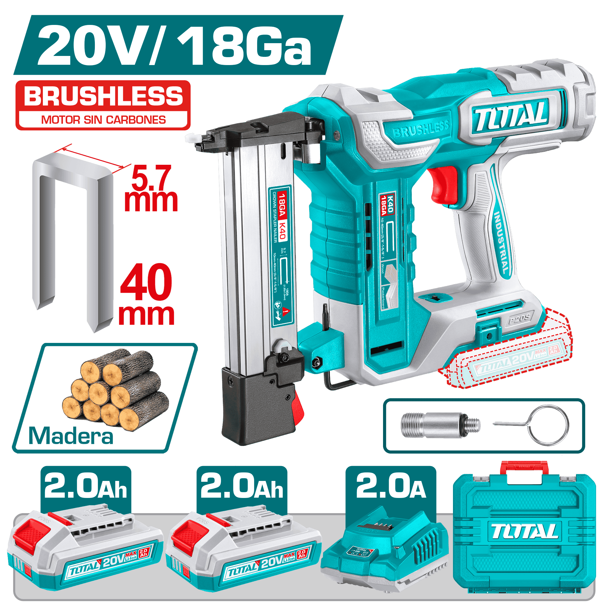 PISTOLA DE GRAPAS 20V K10-K40 3G/S +400GRAPAS 2X2.0AH BRUSHLESS + MALETING