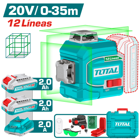 NIVEL LASER 3D 20V 12LINEAS 0-35M VERDE 2X2.0AH +ACC + MALETIN INDUSTRIAL