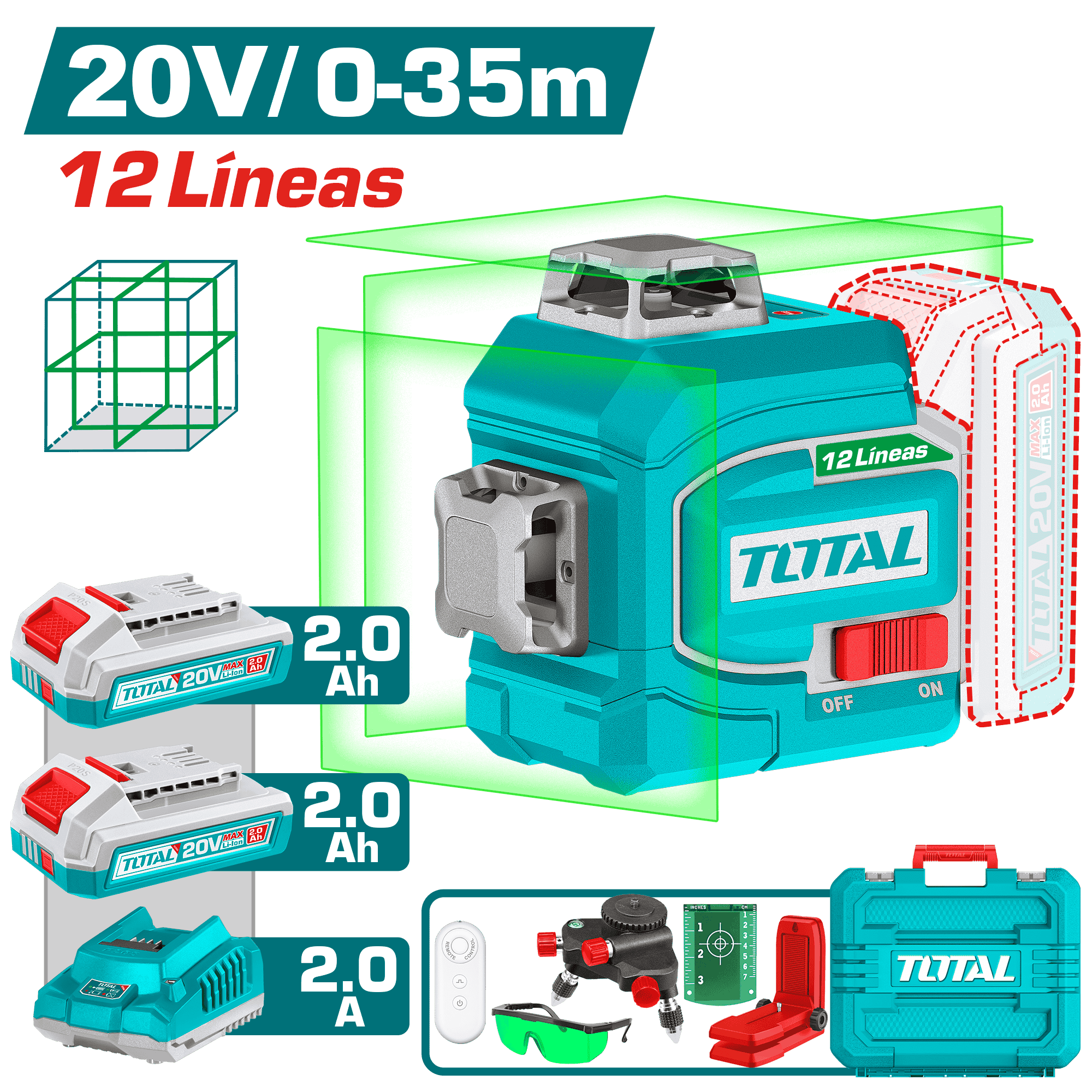 NIVEL LASER 3D 20V 12LINEAS 0-35M VERDE 2X2.0AH +ACC + MALETIN INDUSTRIAL