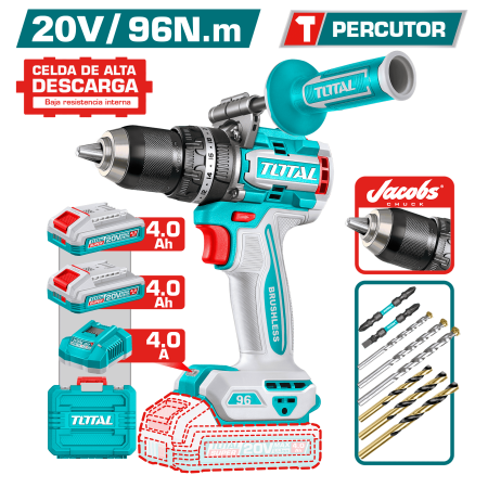 TALADRO PERC 20V 96NM 13MM BL C:JACOBS 2X4.0AH STC +ACC +MALETIN INDUSTRIAL