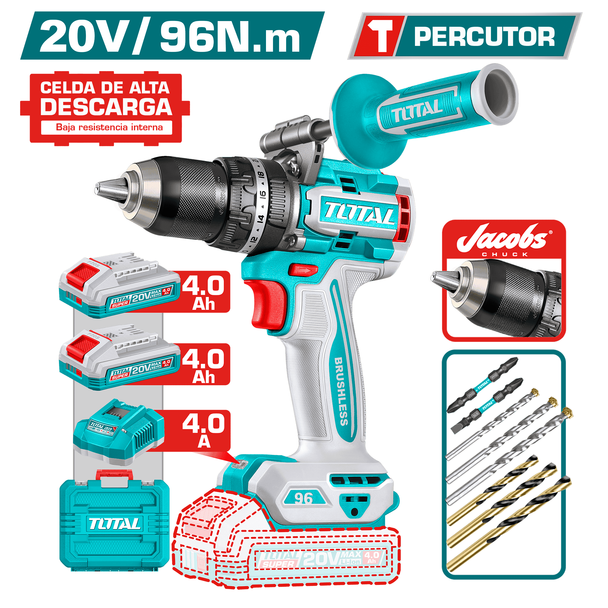 TALADRO PERC 20V 96NM 13MM BL C:JACOBS 2X4.0AH STC +ACC +MALETIN INDUSTRIAL