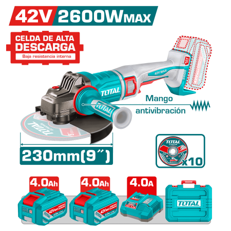 AMOLADORA 42V BLMOTOR 6300RPM 230MM M14 2600W MAX 2X4.0AH + ACC MALETIN INDUSTRIAL