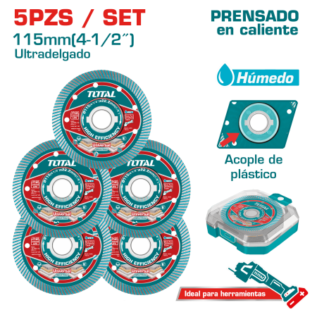 SET DISCO DIAMANTADO ULTRA DELGADO 115X22.2MM 75CR1 5PCS + ESTUCHE INDUSTRIAL