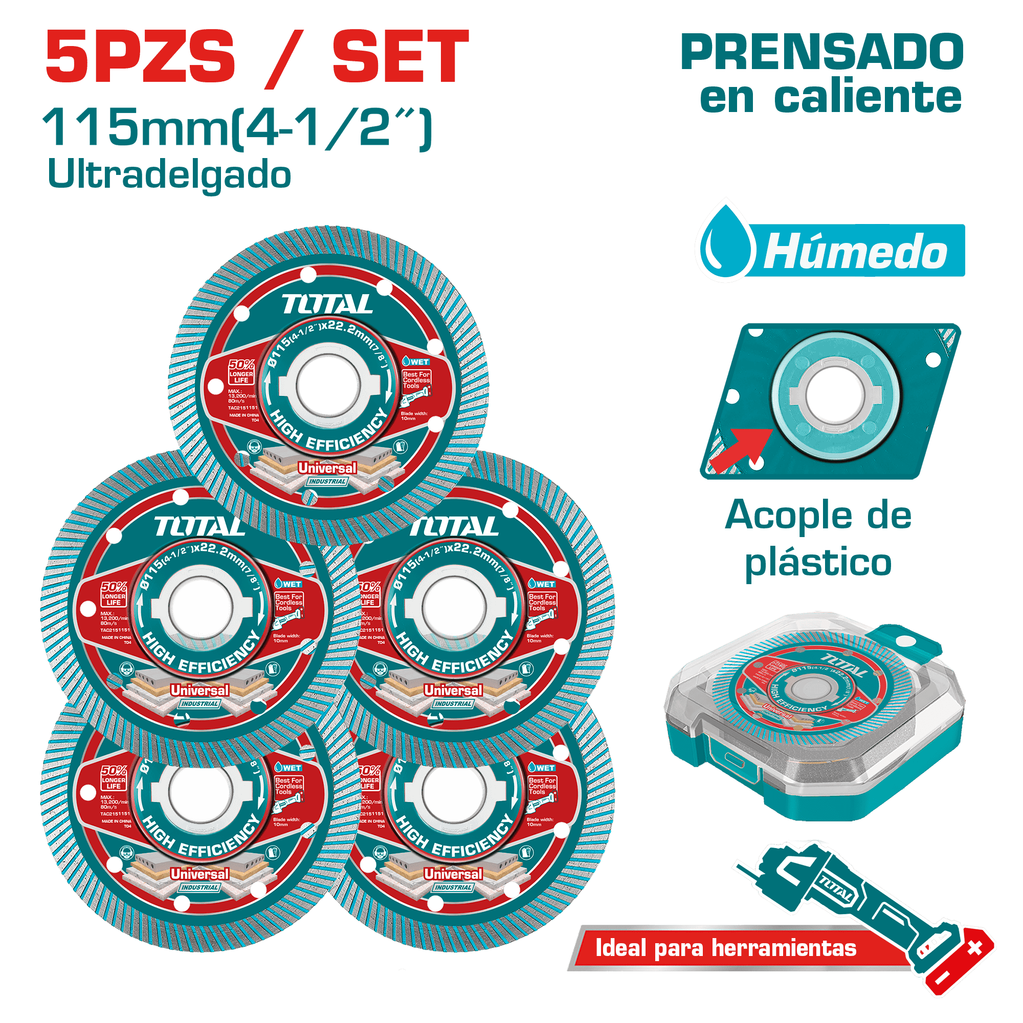 SET DISCO DIAMANTADO ULTRA DELGADO 115X22.2MM 75CR1 5PCS + ESTUCHE INDUSTRIAL