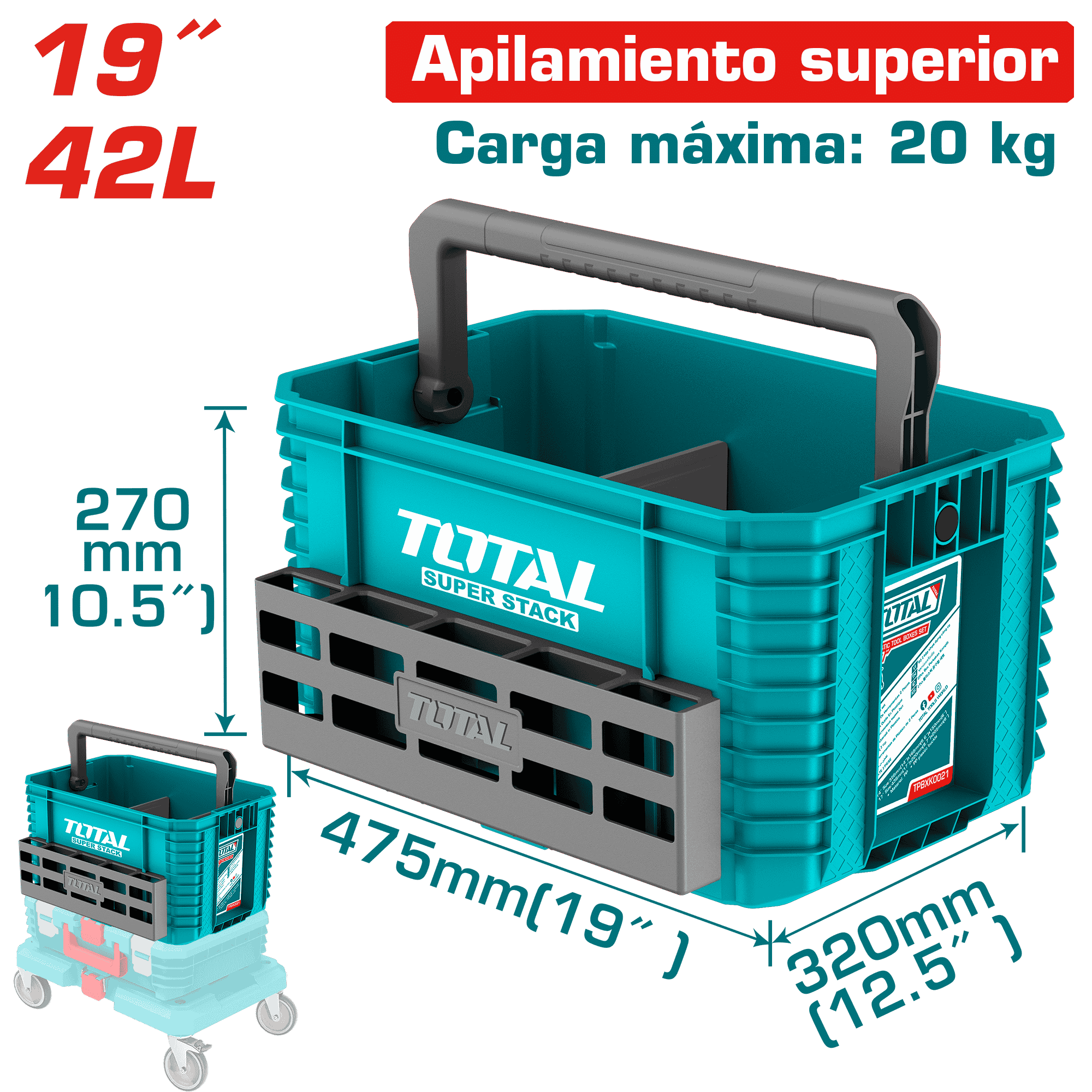 CAJA HERRAMIENTAS APILABLE 19'' ABIERTA 475X320X270MM PP 20KG