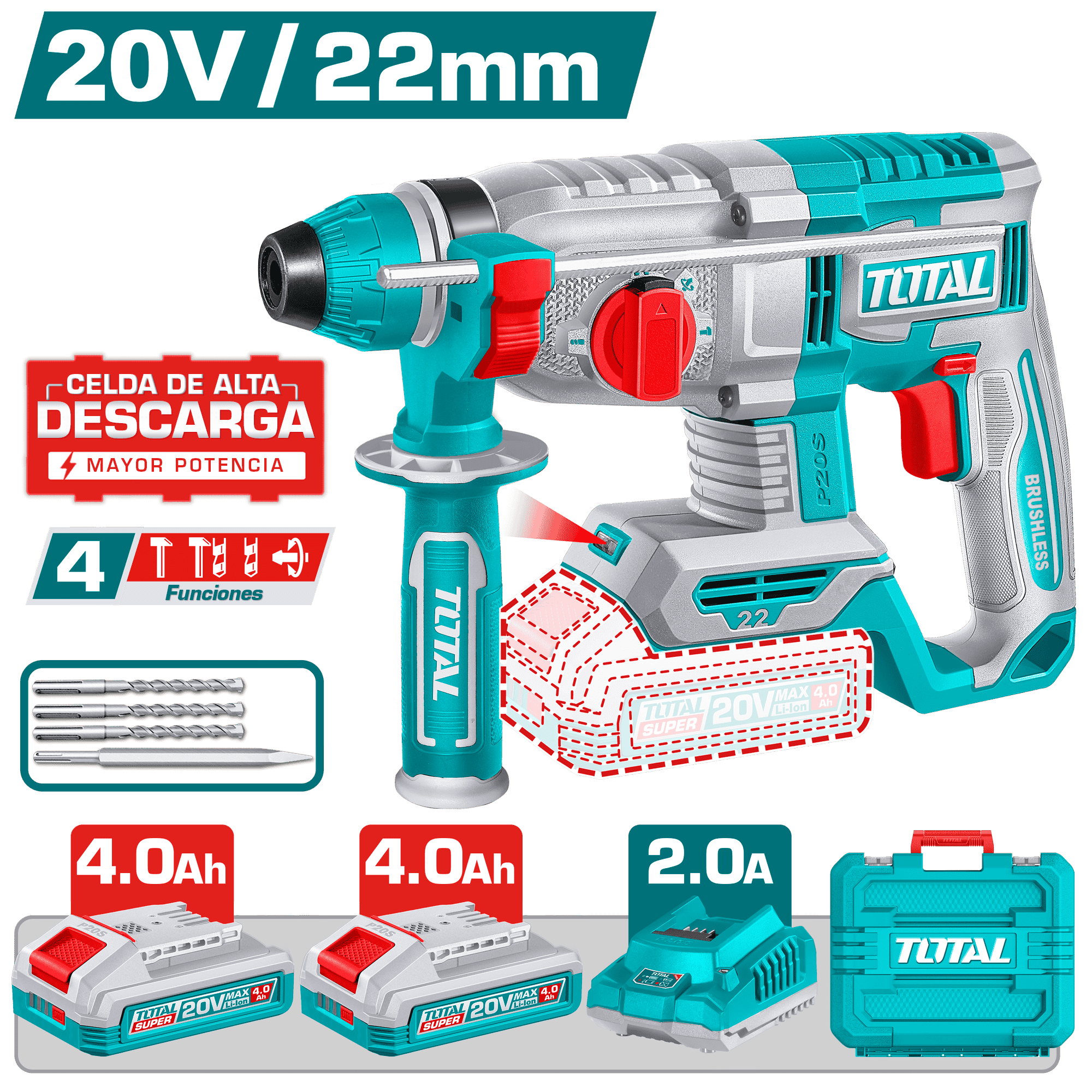ROTOMARTILLO SDS+ 22MM 20V BL 2.0J 0-5400BPM 4F 2X4.0AH STC +ACC INDUSTRIAL