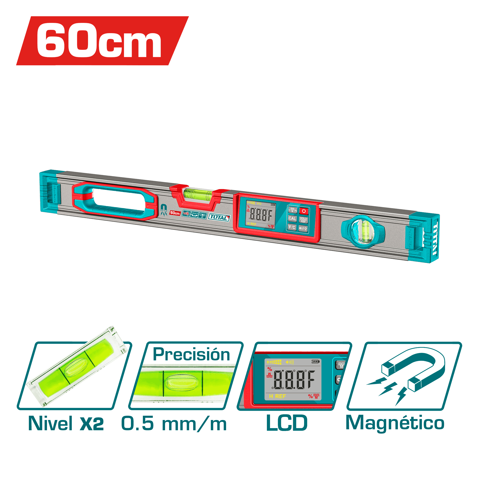 NIVEL BURBUJA DIGITAL LCD 60CM B:2 ALUMINIO PRES:0.5MM MAGNETICO IND.