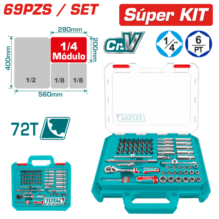 SET RACHET 1/4'' +SOCKET +ACC CR-V ACERO 69PCS ESTUCHE MOD INDUSTRIAL