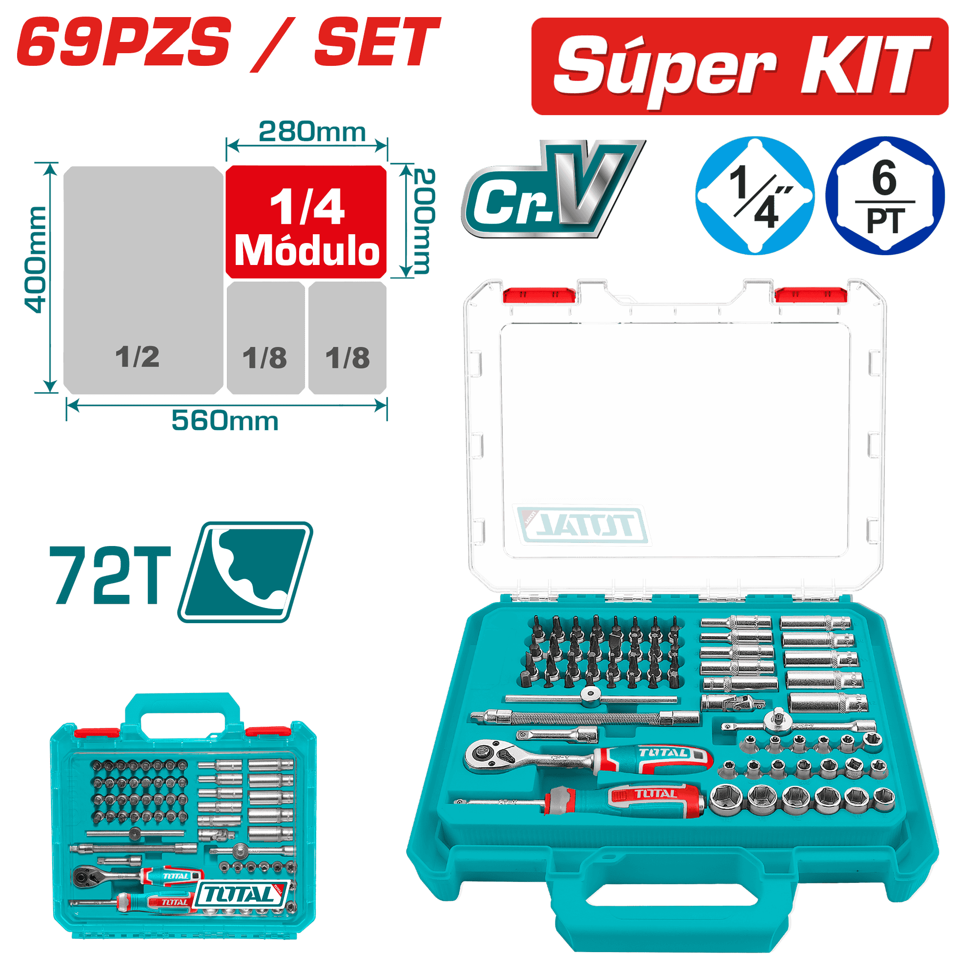 SET RACHET 1/4'' +SOCKET +ACC CR-V ACERO 69PCS ESTUCHE MOD INDUSTRIAL