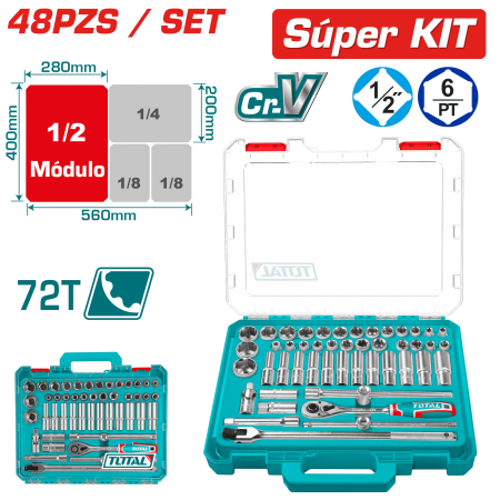 SET RACHET 1/2 + SOCKET + ACC CR-V ACERO 48PCS MALETIN MODULAR IND.