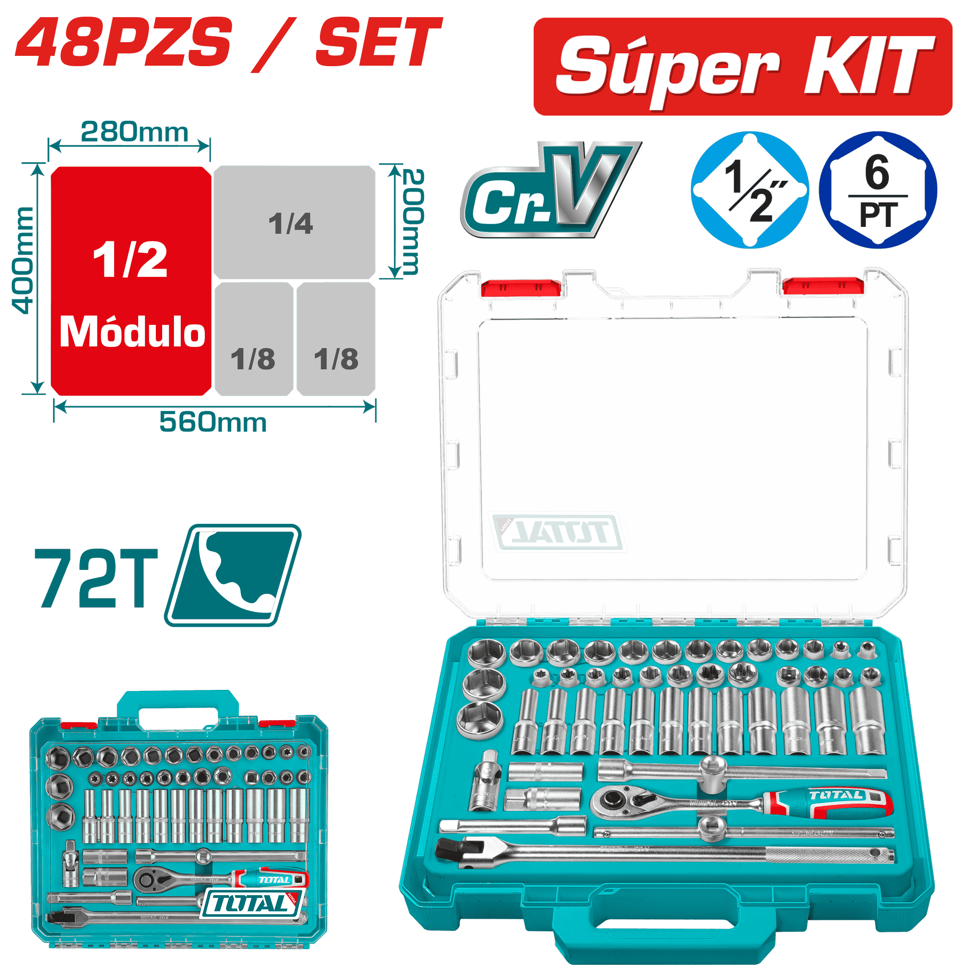 SET RACHET 1/2 + SOCKET + ACC CR-V ACERO 48PCS MALETIN MODULAR IND.