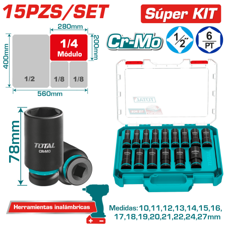 SET DADOS IMPACTO 78MM 1/2'' 10-27MM 15PCS CR-MO ESTUCHE MOD INDUSTRIAL