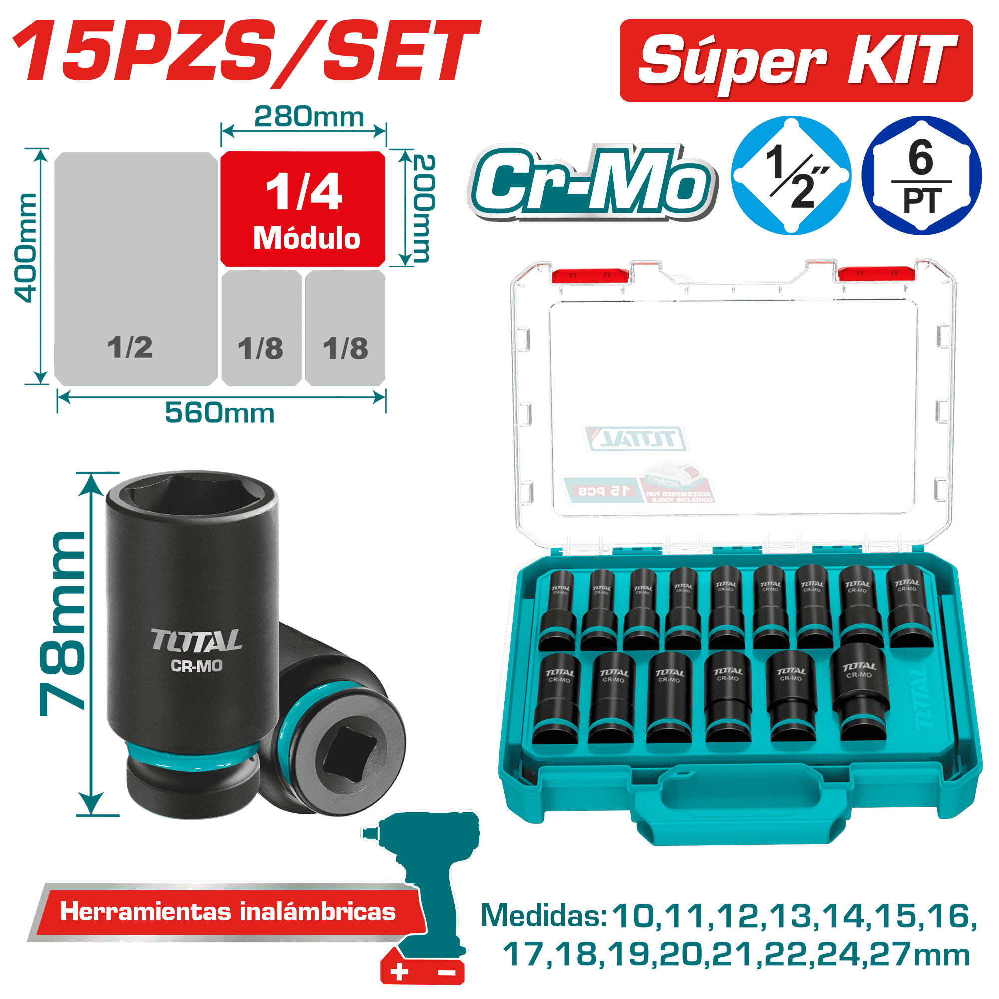 SET DADOS IMPACTO 78MM 1/2'' 10-27MM 15PCS CR-MO ESTUCHE MOD INDUSTRIAL