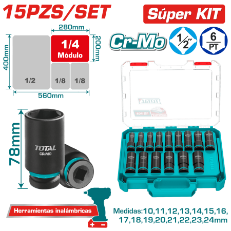 SET DADOS IMPACTO 78MM 1/2'' 10-24MM 15PCS CR-MO ESTUCHE MOD INDUSTRIAL