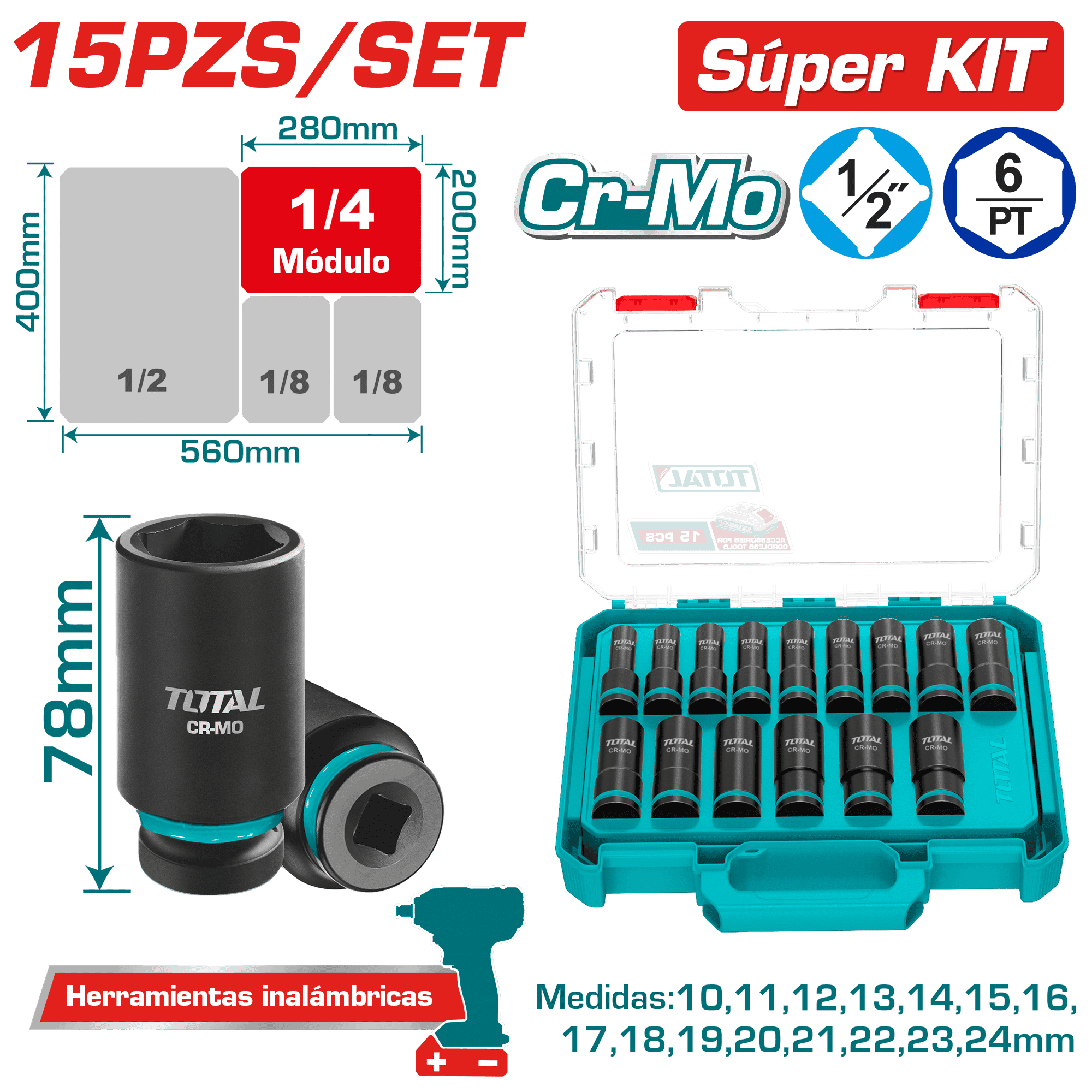 SET DADOS IMPACTO 78MM 1/2'' 10-24MM 15PCS CR-MO ESTUCHE MOD INDUSTRIAL