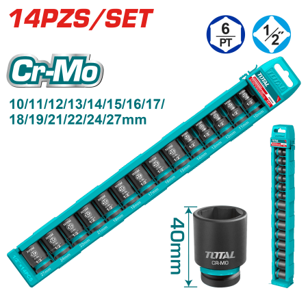 SET DADOS IMPACTO 1/2 PULG 14PCS 10-27MM CR-MO MALETIN INDUSTRIAL