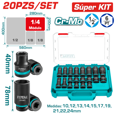SET DADOS IMPACTO 40-78MM 1/2'' 10-24MM 20PCS CR-MO ESTUCHE MOD INDUSTRIAL