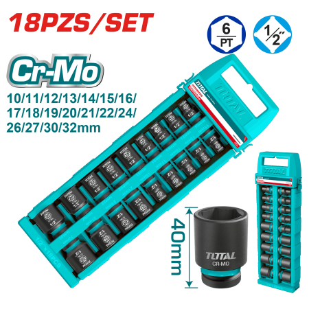 SET DADOS IMPACTO 1/2 PULG 18PCS 10-32MM CR-MO ESTUCHE INDUSTRIAL
