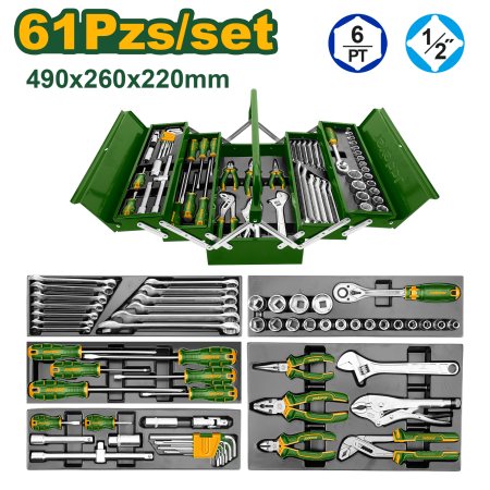 SET HERRAMIENTAS MANUALES 61PCS ESTUCHE METALICO 490X260X220MM DESPLEGABLE