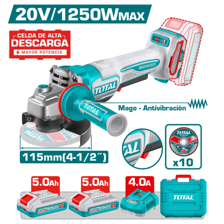 AMOLADORA 20V BL 3000-9500RPM 115MM M14 1250WMAX 2X5.0AH(TL) +ACC MALETIN IND