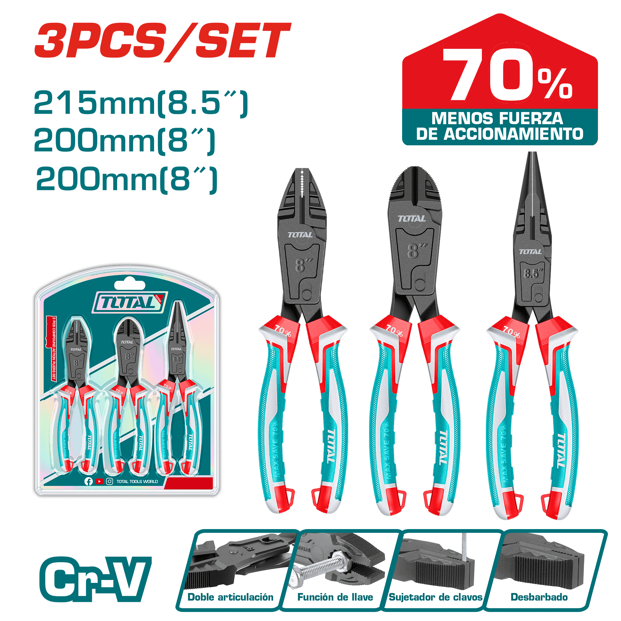 SET DE ALICANTES 3PCS CR.V MEJORA 60% BLISTER INDUSTRIAL