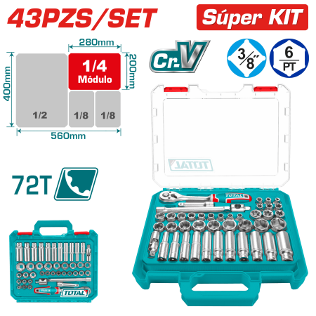 SET RACHET 3/8 + SOCKET 50BV30 43PCS + MALETIN INDUSTRIAL